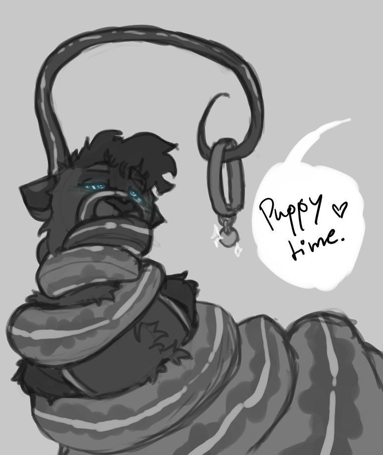 Deaux is in coils with a collar dangling in front of them. A text bubble reads “Puppy time”. Deaux is in a trance. 