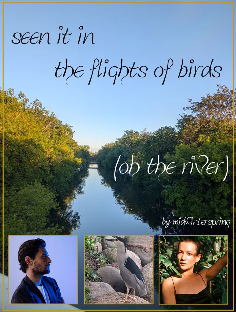 Background - a calm river reflecting blue sky at dusk. Three square photos at bottom - Aleksander in a suit in brooding lighting, a Black-crowned Night Heron, and Alina with short hair and leaves in the background. Fic title and author in a script font.