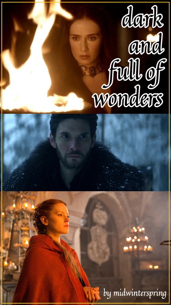 Three horizontal panels: Melisandre gazing into a fire, Aleksander in sable-trimmed cloak in the snow, and Daisy Ridley as Ophelia in a red cloak, looking determined. Fic title and author in calligraphic font.
