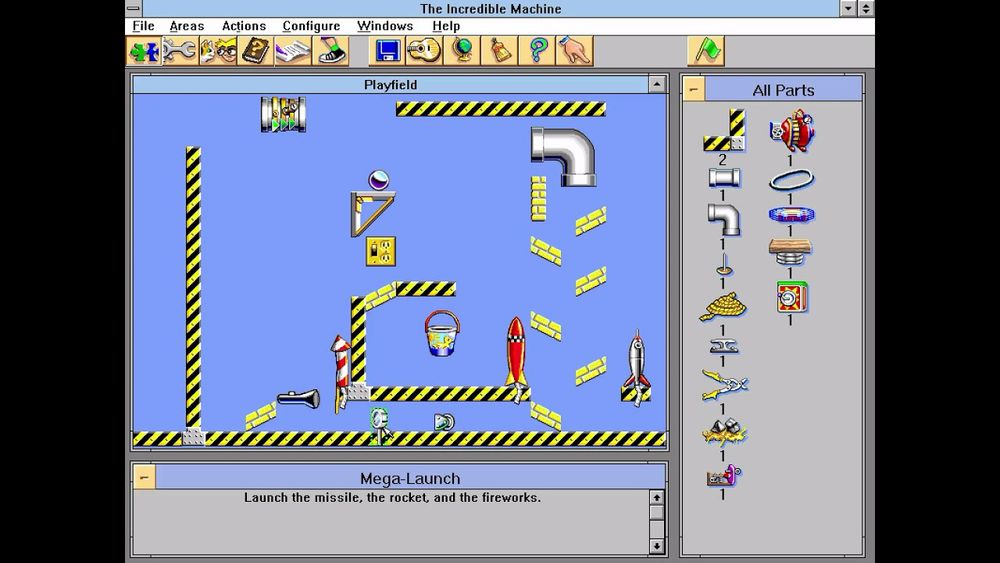 This is a screenshot of “The Incredible Machine” but I think it was called “Professor Tim’s Incredible Machine” in the UK, as me and my brother renamed it “Professor Tim’s Useless Inventions” because that’s all we made