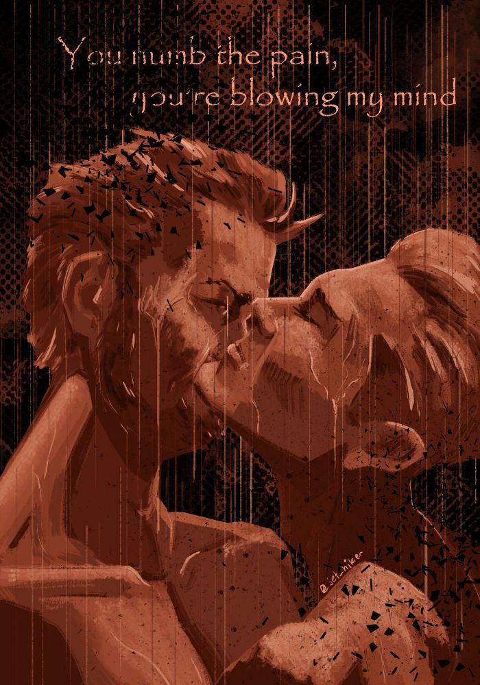 A red and black close up of Homelander and Billy Butcher from the series The Boys showing them under a stream of raindrops. At the top lyrics from a Halestorm "Painkiller" are written in pale pink, the lyrics are "You numb the pain, you're blowing my mind"