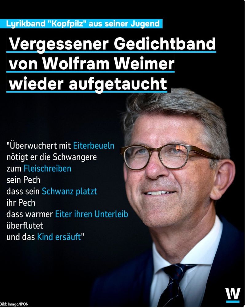 Ein Screenshot der Plattform Watson. Zu sehen ist das Gesicht von Wolfram Weimer.  Daneben der Text "Vergessener Gedichtband von Wolfram Weimer wieder aufgetaucht: «Überwuchtert mit Eiterbeuteln nötigt er die Schwangere zum Fleischreiben. Sein Pech, dass sein Schwanz platzt. Ihr Pech, dass warmer Eiter ihren Unterleib überflutet und das Kind ersäuft.»
