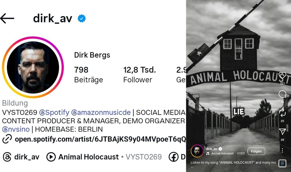 Ein Instagram-User produzierte ein Musikvideo namens "Animal Holocaust", für das er in einer KZ-Kulisse performt. In seiner Bio steht "Bildung" als Accountbeschreibung.