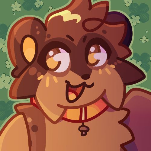 a bear/raccoon mix with wings. they wear a yellow collar with a brown mushroom attached. they're looking off to the side, one wing raised a bit, while the other remains folded against their side. 