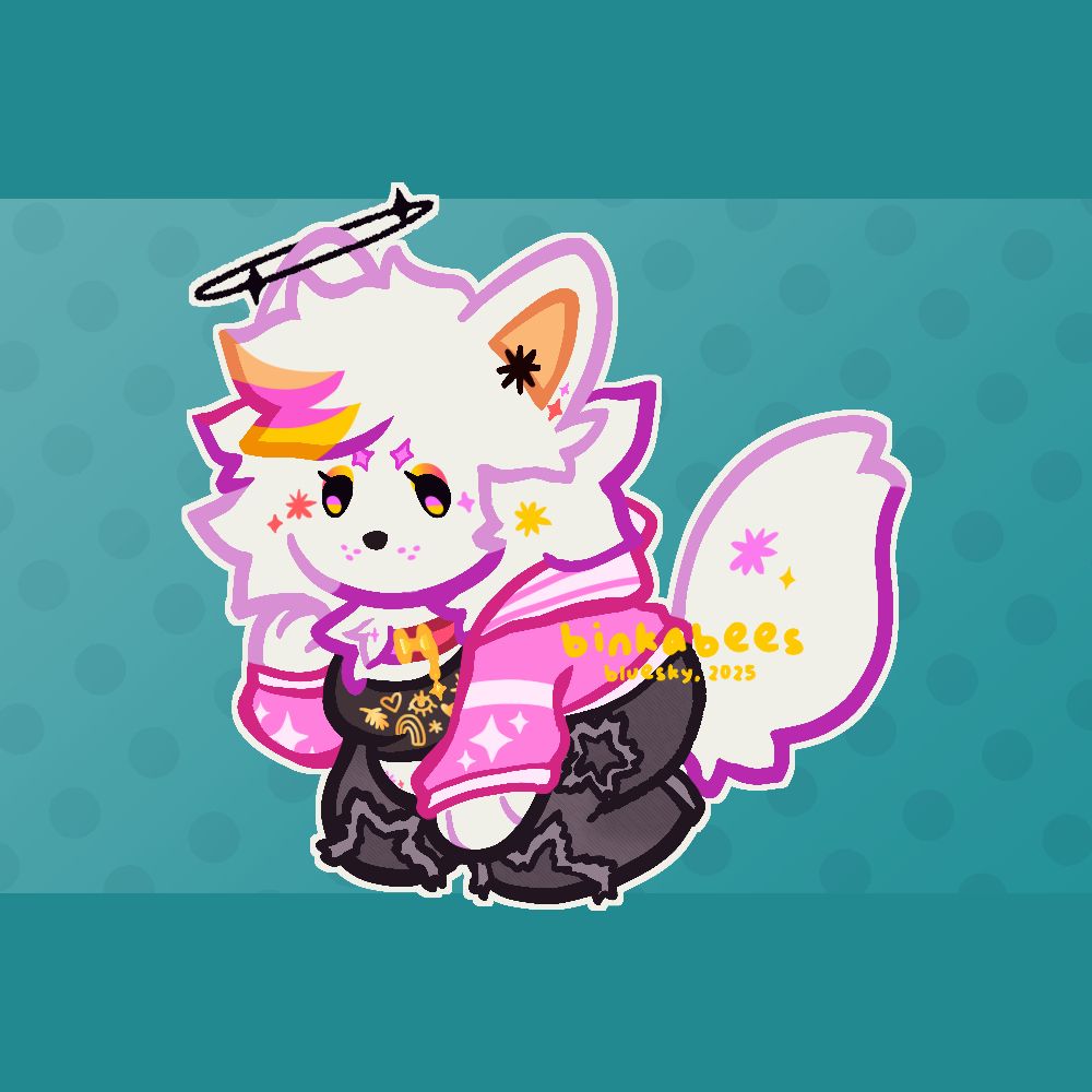 mini example; a white canine wearing a pink jacket and black star jeans