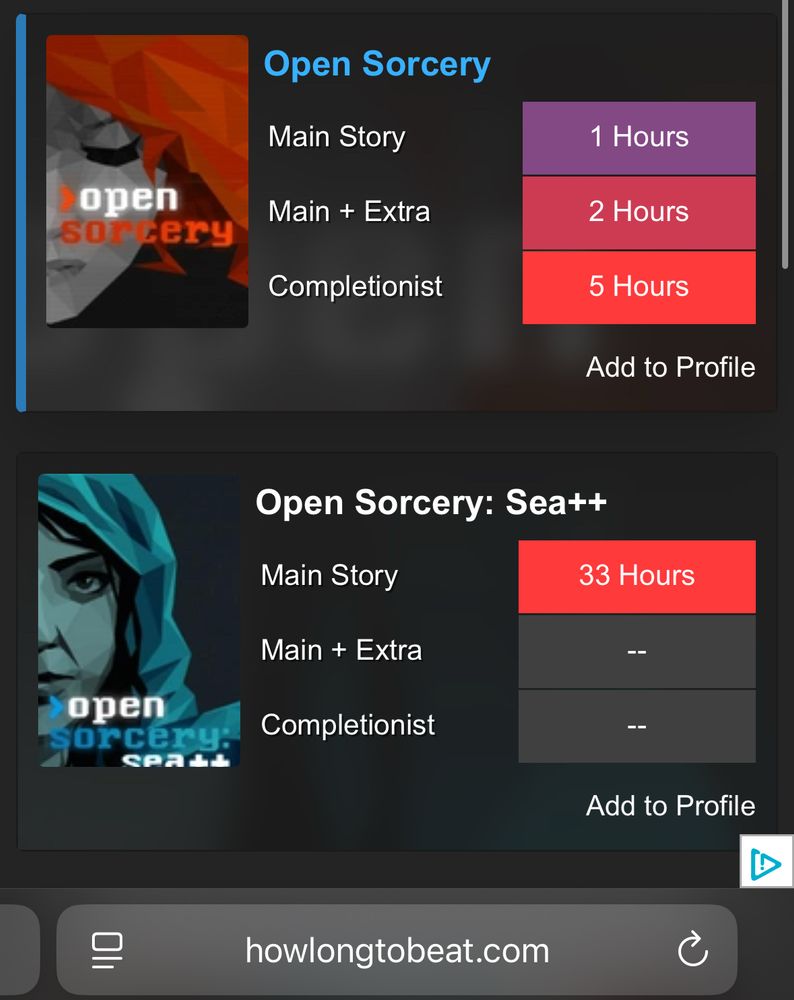 From howlongtobeat.com:

Open Sorcery
Main Story: 1 Hours
Main + Extra: 2 Hours
Completionist: 5 Hours

Open Sorcery: Sea++
Main Story: 33 Hours
