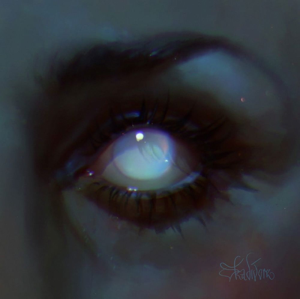 Moon/Mermaid eye - A digital painting of an eye in cool serene moon light that glances into the moon. The eye has no pupil, it looks as if it’s entirely made of milky opal with mint and amber colored reflections. The part of the face that is shown (half of the nose bridge, bit of the cheekbone, eyebrow) could be from a beautiful mermaid. The skin is very teal and seems undead, the lashes and eyebrow delicate.