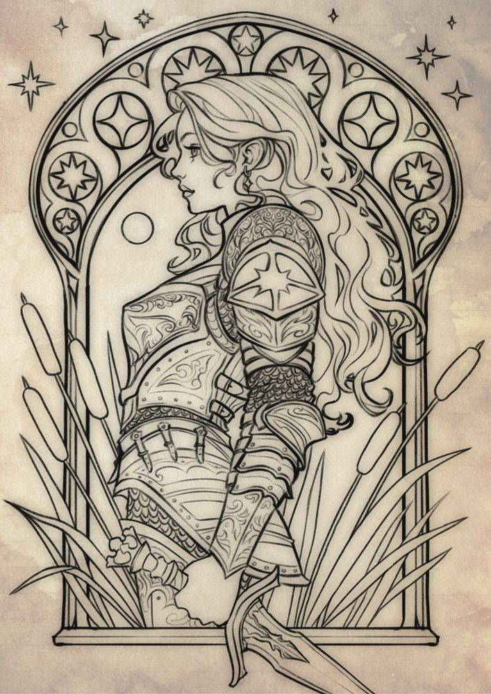 A young woman standing insight profile with a beautiful face and long hair in the wind, wearing an ornate metal armor. She is holding a sword and a surrounded by Art Nouveau stained glass framing with stars and long bullrush grass.