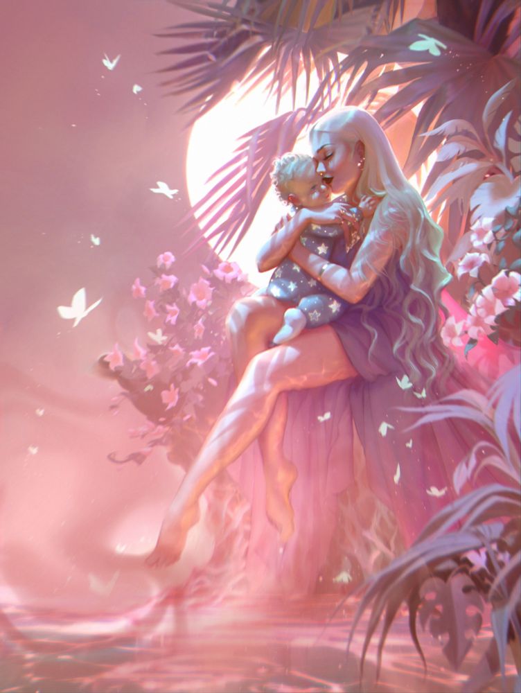 A dreamy, pastel-hued illustration of a long-haired woman tenderly holding a young child in her lap. They sit by a calm pink-hued body of water, surrounded by lush tropical plants and glowing flowers. Soft butterflies float through the air as the warm light of a full moon glows behind them, casting a magical and serene atmosphere.
