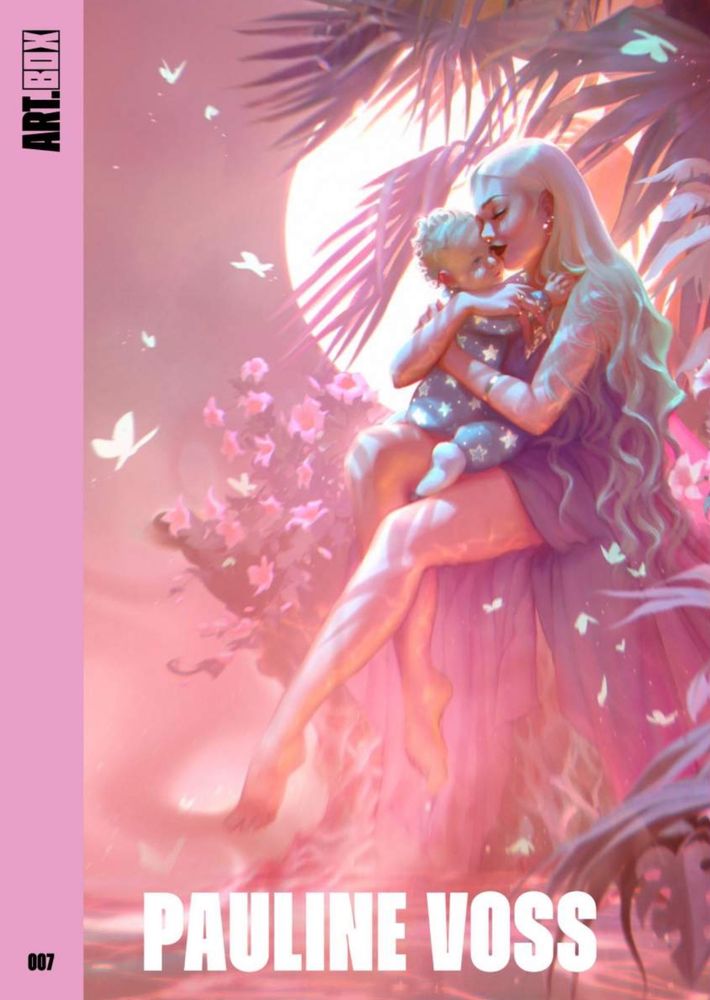 Digital illustration of a serene, intimate scene: a woman with long, flowing hair sits on a tree stump, cradling a small child in her arms. Both figures have softly glowing skin in pastel hues, blending with the dreamy pink and lavender palette of the image. They are surrounded by lush tropical leaves and glowing butterflies, with light filtering through the foliage behind them. The atmosphere feels tender, protective, and magical like a quiet moment in an enchanted garden by the pond