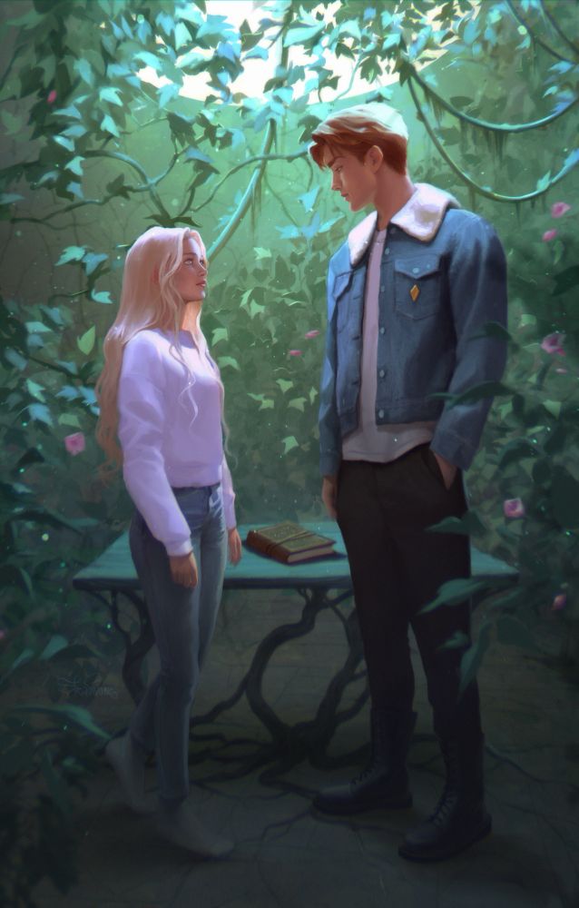 A digital painting of a young couple, a blonde, small girl with long hair and a very tall boy with mahogany colored hair in a denim jacket. They look each other in the eyes - there’s tension in the air. Behind them is a table with a little used leather note book on it. They are in a small room with a skylight that is overgrown with plants. The scene has very atmospheric lighting and pastel colors.