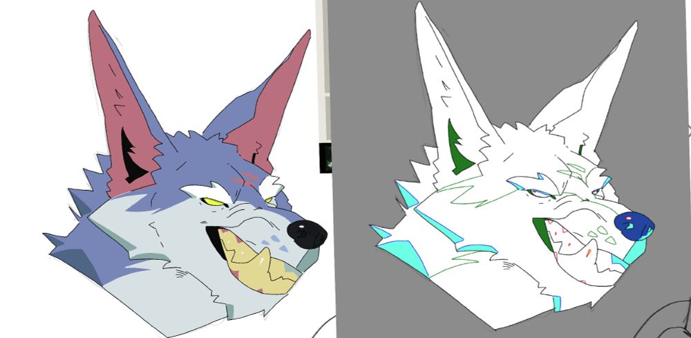 headshot of warwick, colored on the left and "genga" coloring on the right 