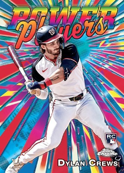 A colorful 2025 Topps Chrome Power Players Dylan Crews baseball card 