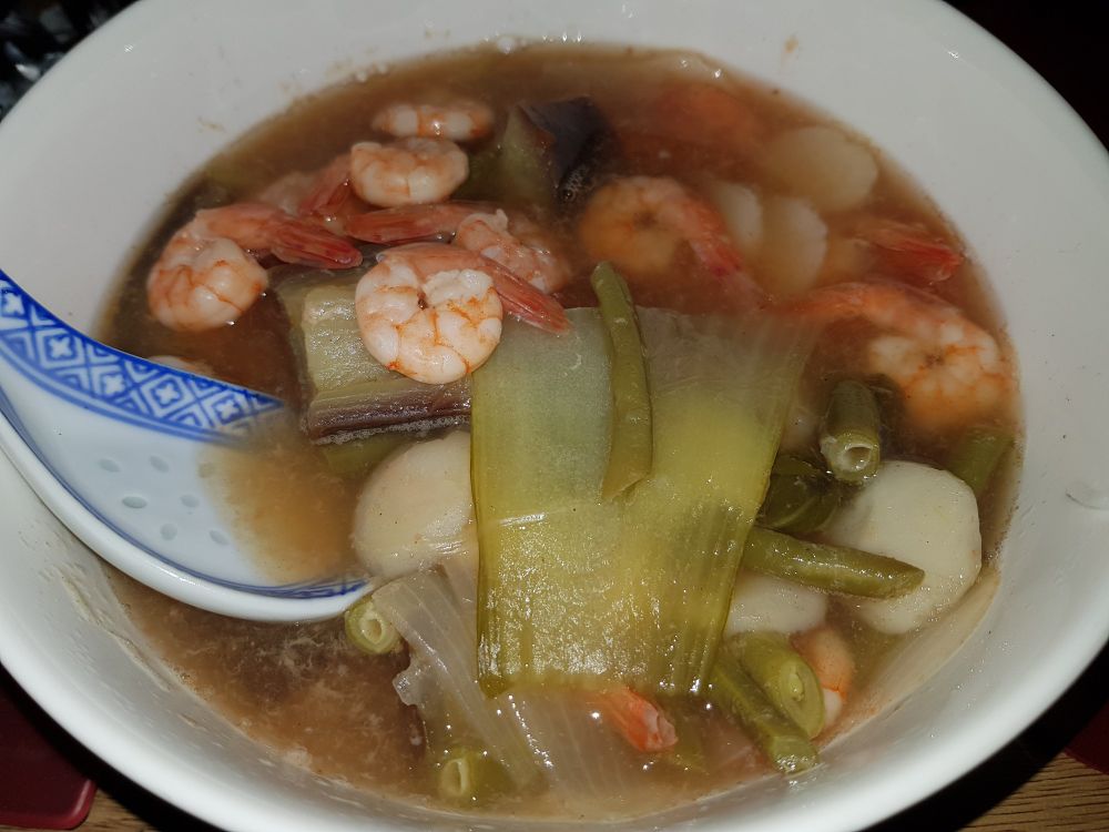 Sinigang, a Filipino cuisine that's sour in taste, with prawns and lots of vegetables.