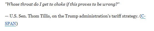 Picture has words: Whose throat do I get to choke if this proves to be wrong- US Sen Thom Tillis on Trump Admins tariff strategy (from CSPAN)