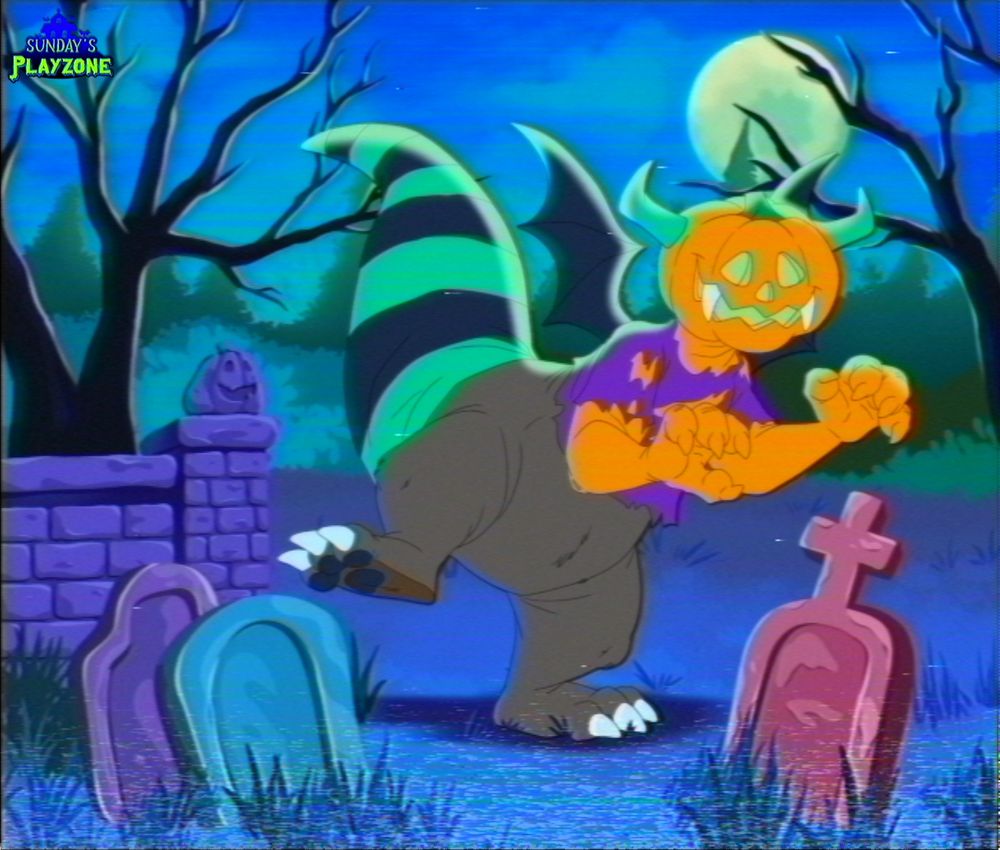A Halloween character (a cross between a jack-o-lantern, dragon, bat, and werewolf) stomps around a graveyard.