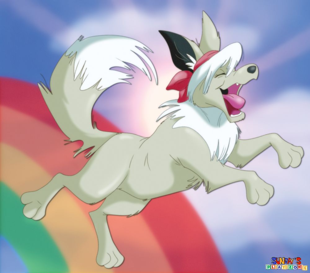 An eevee jumping in the air with a big smile. There's a rainbow and sky in the background.