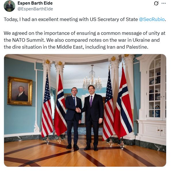From FM Espen Barth Eide: "Today, I had an excellent meeting with the U.S. Secretary of State, Secretary Rubio. We agreed on the importance of ensuring a common message of unity at the NATO Summit. We also compared notes on the war in Ukraine and the dire situation in the Middle East, including Iran and Palestine." 