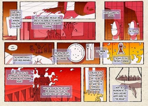 A red, orange, and yellow colored comic spread from my zine “that lady and why we must let her go”. A woman cleans the floors, the bathrooms, and the incompetencies of her superiors, and still is not worth the millions of those who employ her. Despite working hard the American dream eludes her.