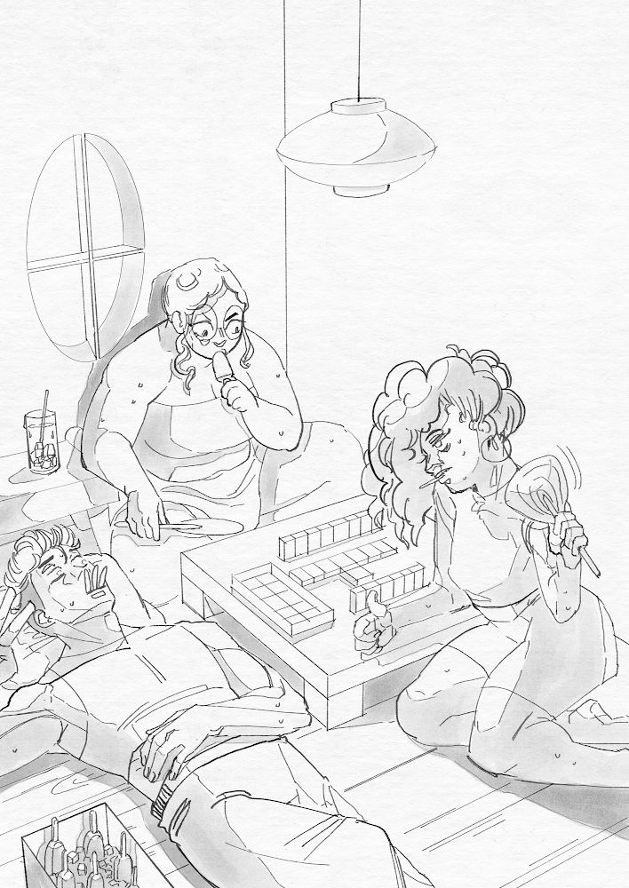 A black and white illustration of 3 teens playing dominoes while eating popsicles on a hot night. Two of the teens are cheating.
