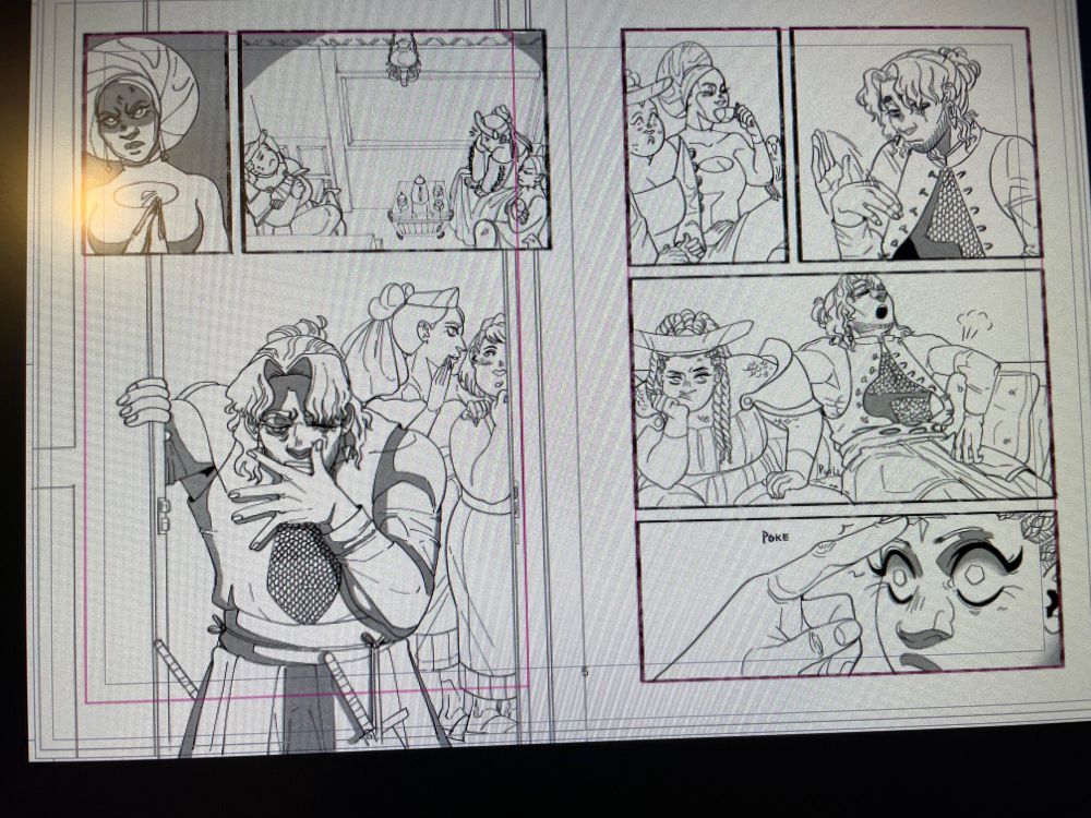 A comic spread of a disheveled and tired man entering a train cabin. One woman drinks tea bored by his antics, the other is nervous at what news he brings and the last is annoyed he’s taking up room on the seat next to her.