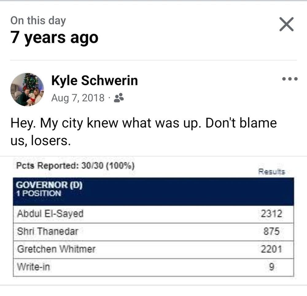 A screenshot from a Facebook post 7 years ago, showing Abdul El-Sayed defeating Gretchen Whitener in my precinct for the governor primary.