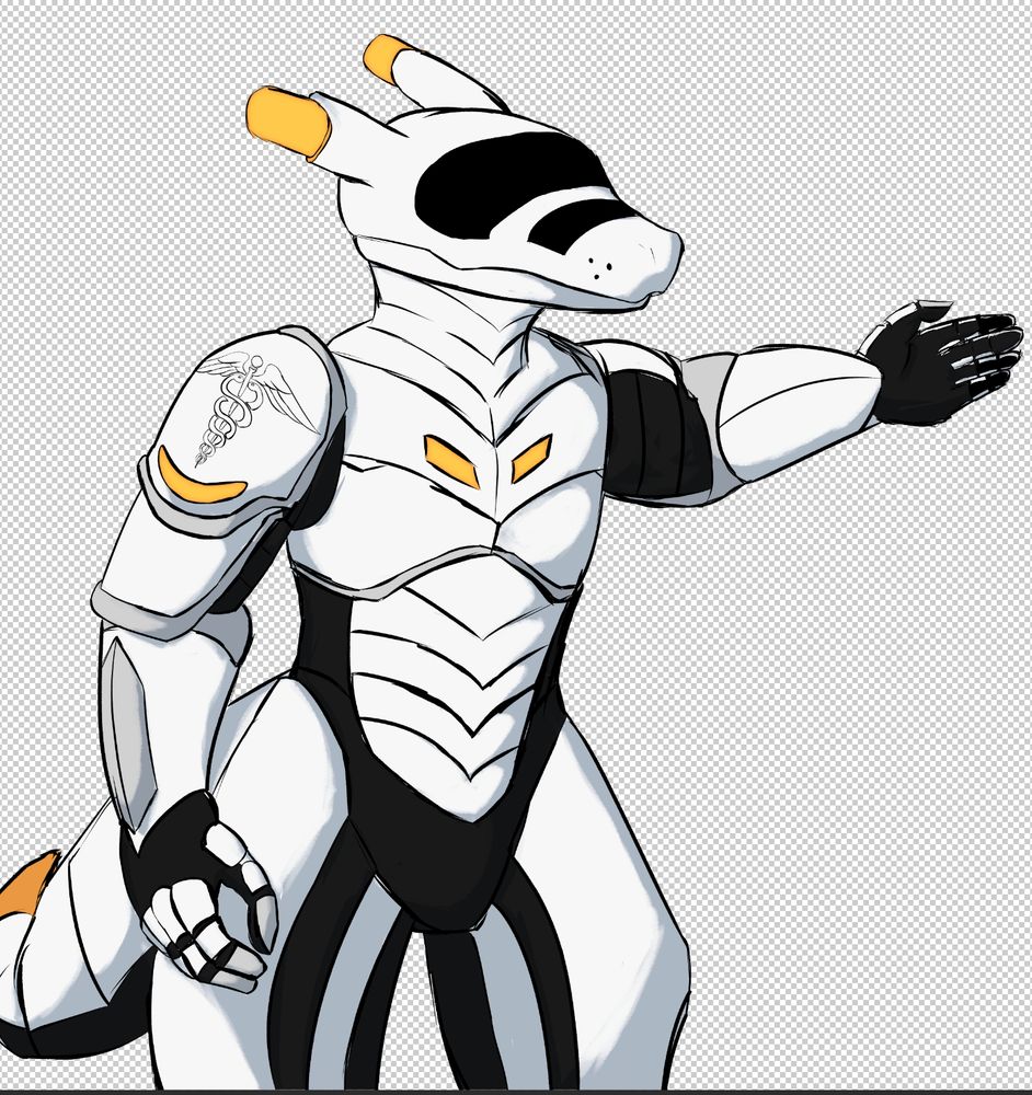 wip drawing of a synth with a caduceus on its shoulder welcoming one