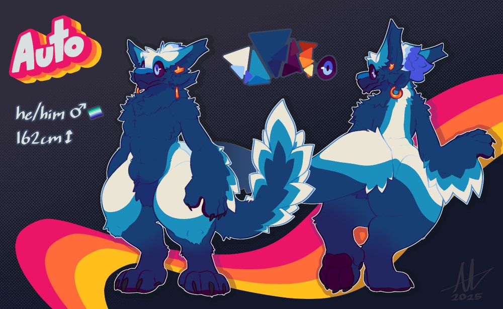 Reference sheet for my sona, Auto. He's a blue and white dromaevali (a variant of avali). text on the image reads "he/him, male symbol, mlm flag, 162cm tall."