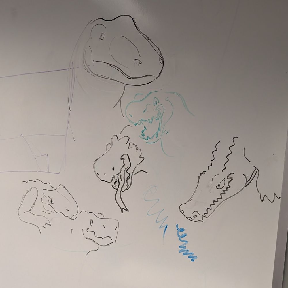 A collage of 6 different reptiles drawn on a whiteboard
