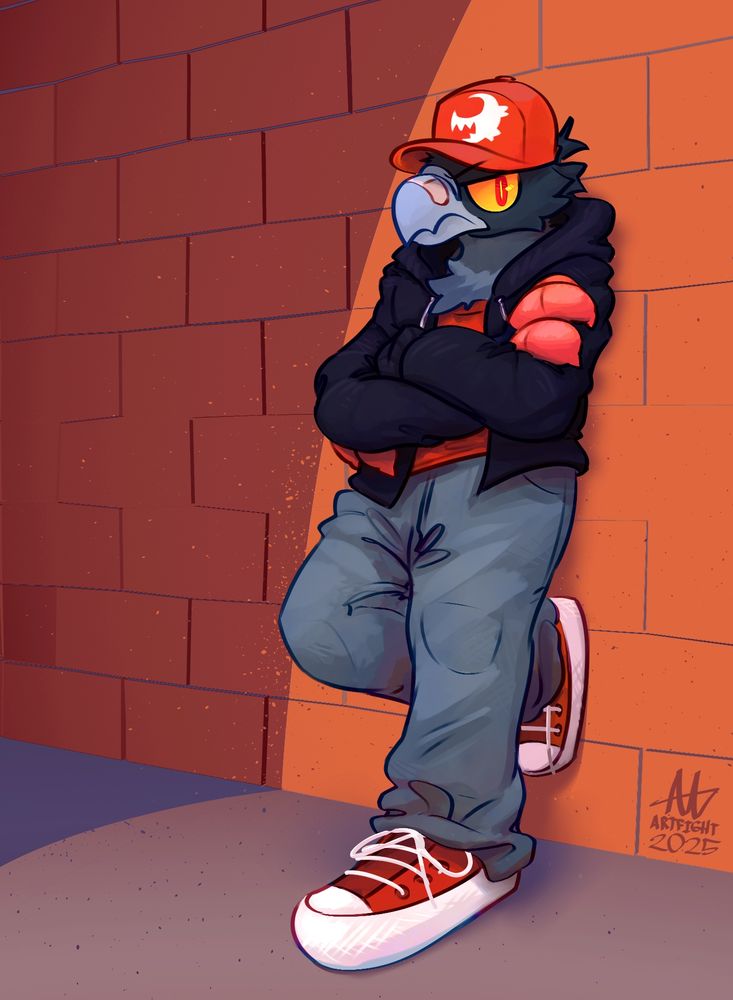 Ixion (an anthro bird leaning against a wall with a cap, hoodie, jeans, and converse shoes) leaning against a wall