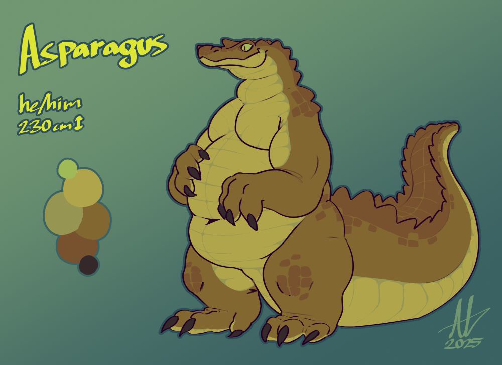 Small ref sheet for a big anthro crock character named Asparagus. Text reads: Asparagus, he/him, 230cm tall