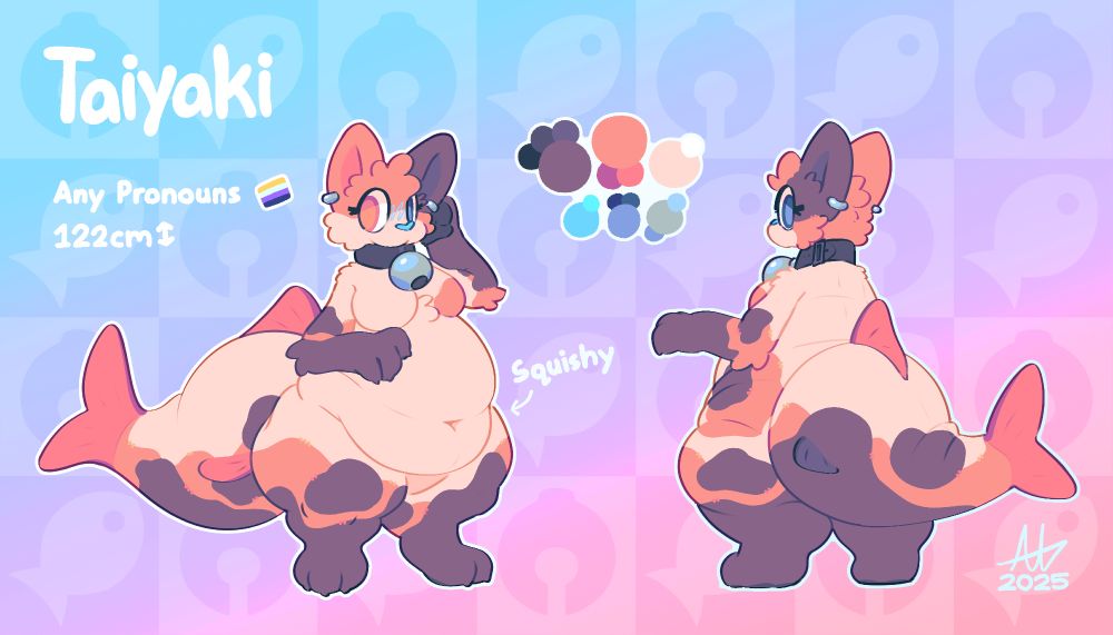 Reference sheet for YakiYuki of their Calikoi (Calico cat Koi) Fursona. Text reads: Taiyaki (the characters name), Any Pronouns, 122cm tall, Squishy.