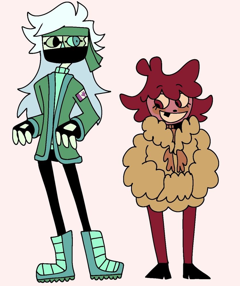 drawings of ethoslab and bdubs side by side, in a style meant to mimic the game smile for me. etho has a mostly minty color palette,  and bdubs has an entirely warm color palette.