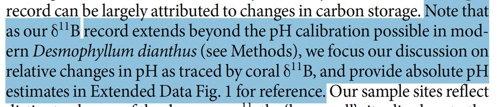 From Rae et al. (2018): "Note that as our δ11B record extends beyond the pH calibration possible in modern Desmophyllum dianthus (see Methods), we focus our discussion on relative changes in pH as traced by coral δ11B, and provide absolute pH estimates in Extended Data Fig. 1 for reference."