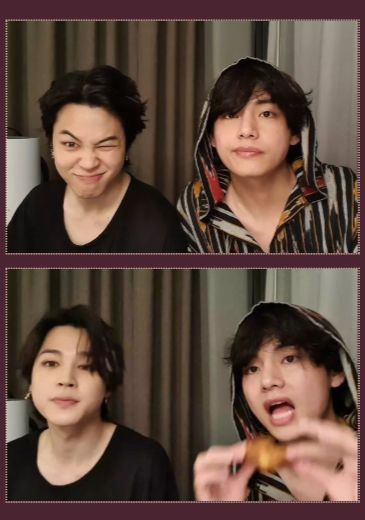 two screenshots from a weverse live vmin did in 2022 i think. they were in a hotel room and jungkook eventually joined them but the screenshots are from before JK joined the live.
they both have black hair, jimin is wearing an oversize black tshirt, and taehyung is wearing a hooded shirt of white yellow black and red.
in the first screenshot, jimin is making a funny face while tae is just looking at the camera. in the second screenshot, jimin looks like he is looking at the screen while tae is about to take a bite of chicken.