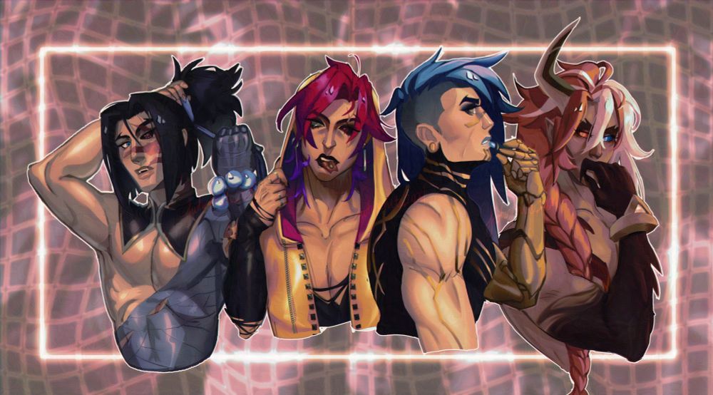 An illustration of four busts of Shieda Kayn, in four of his League of Legends skin-lines. From left to right: Snow Moon, Heartsteel, Odyssey, and Nightbringer. 

Snow Moon Kayn is in the process of tying his hair into a ponytail, Heartsteel Kayn is tugging at his hoodie and sticking his pierced, split tongue out, Odyssey is putting on a light blue lip gloss, and Nightbringer is thoughtfully gazing at the viewer. 