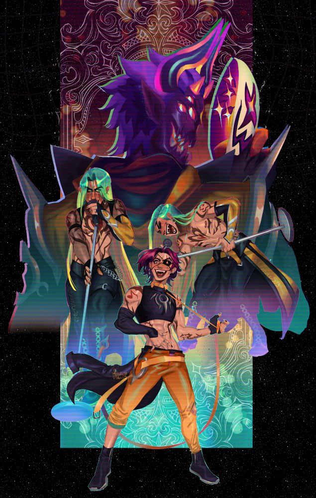 A birthday illustration for HEARTSTEEL Kayn. He stands proud, a vibrant, smug smile on his face. He's tugging on his leash with his left hand and his silver ring-adorned right hand is splayed over his bare abdomen, well aware and overconfident of his physique. His Shadow assassin form rises behind him, one staring directly at the viewer and clutching the microphone and stand intimately. The other is showing off his powerful vocals now, eyes clenched shut in joy and bent over his microphone. Behind them, Rhaast looms overhead, pulling off the white mask he wears to cheekily gaze at the viewer, unnerving and alluring. His toothy grin, violet skin, multiple eyes and horned head is a result of Rhaast fully possessing Kayn's body.