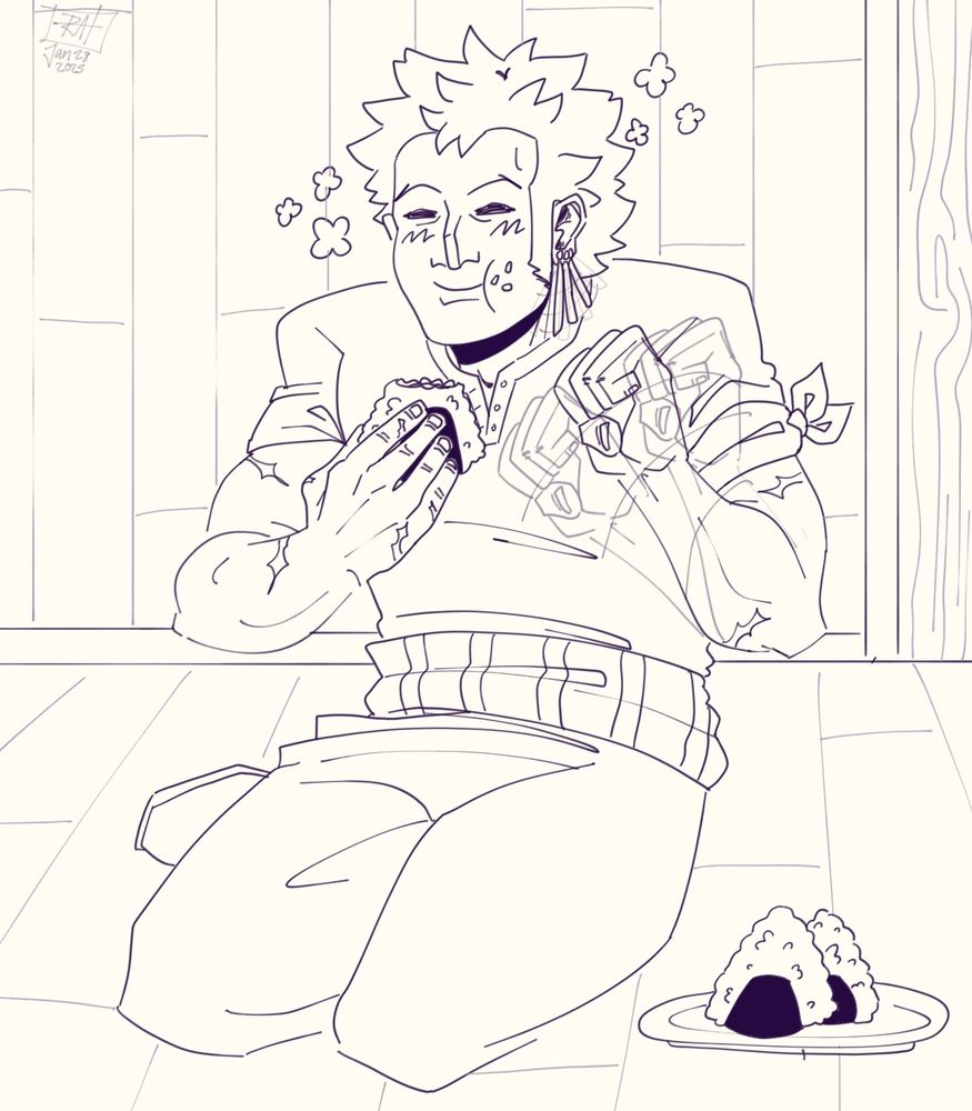 Zoro is sitting on the ground on the deck of the Going Merry with a plate of onigiri next to him. He waves his fist (stims)in excitement as he takes a bite of one, and it tastes good. He has a cute expression and bits of rice on his face.