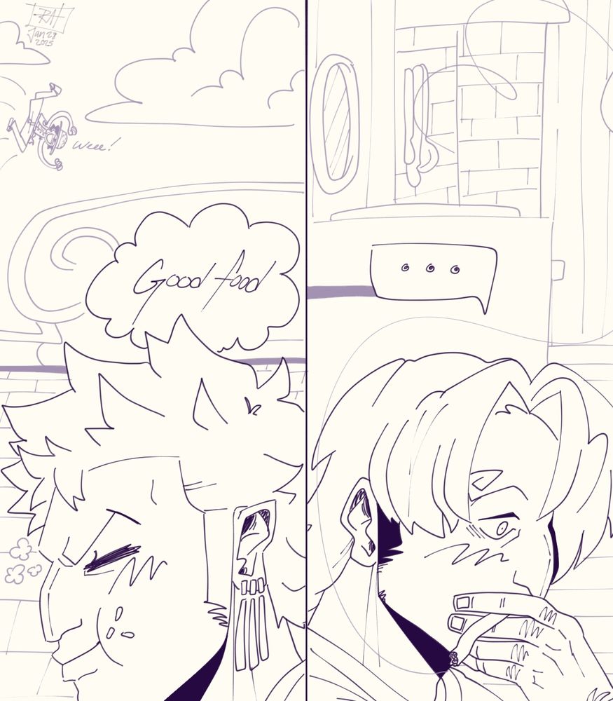 Close up of both Sanji and Zoro. On the left, Zoro, blushing a little, is still happily munching on his onigiri with bits of rice on his face while he thinks "Good food". Luffy is in the background being silly and jumping overboard. On the right, Sanji, blushing a little, quietly smokes his cigarette as he processes what he saw as he sits on the galley floor.