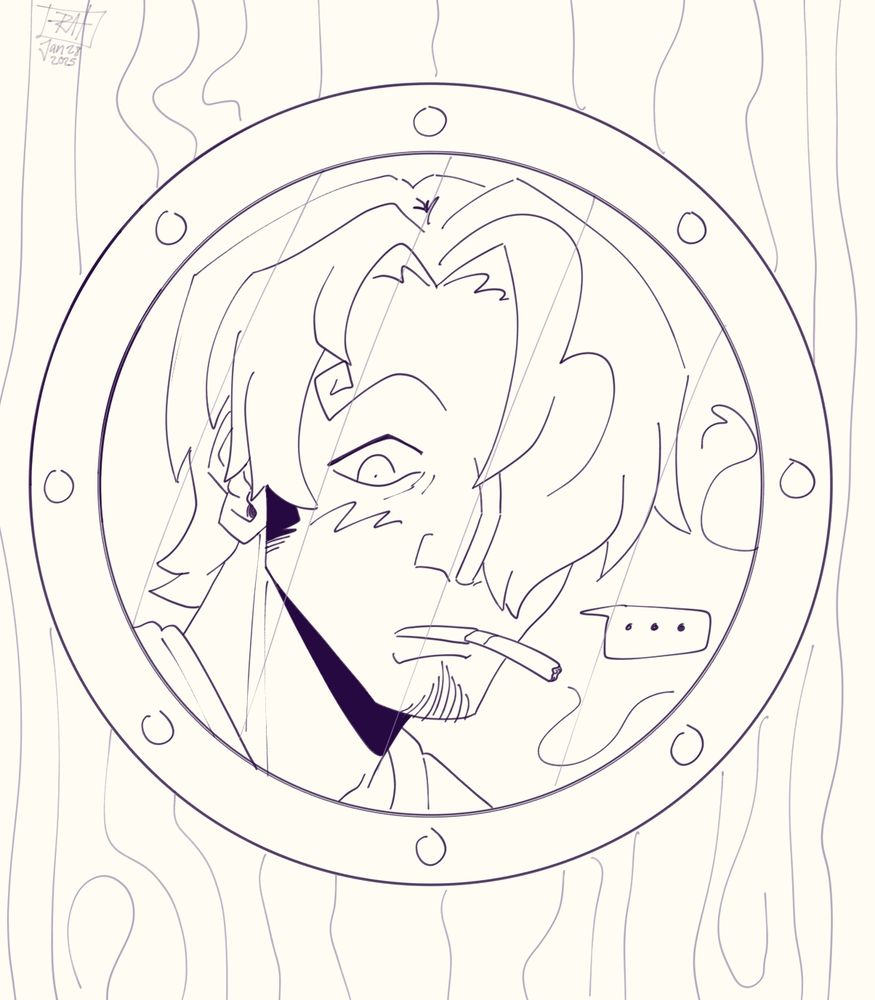 Sanji is looking through the galley door down at Zoro. He has a cigarette in his mouth and he's silent with a surprised look on his face.