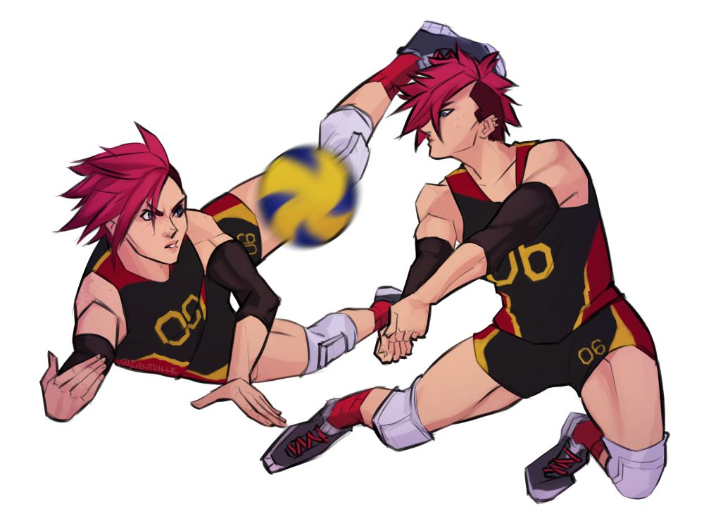 Volleyball Player Vi, Libero position

Modern Highschool AU 

She's wearing a black volleyball jersey with red and gold accents and a number 06 imprinted on it

She's doing libero poses