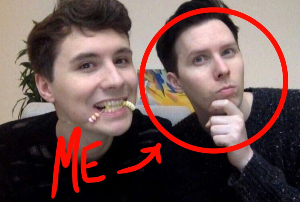 photo of dan and phil (that I use as my profile picture). a red circle around phil with a red arrow pointing at the circle. text with arrow say "ME"