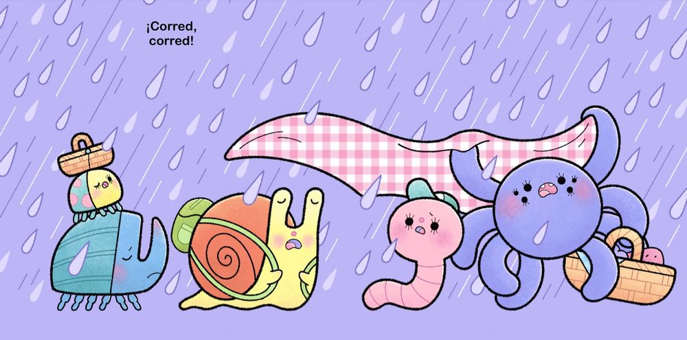 Digital illustration of a bug, beetle, snail, bug and spider running under the rain