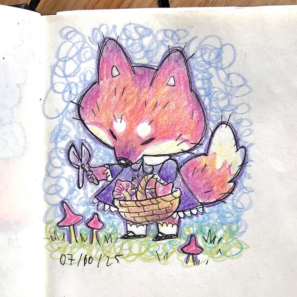 Drawing of a little fox hunting mushrooms 