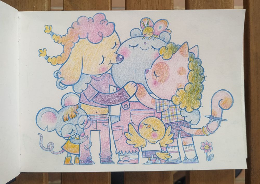 A group of animals hugging eachother, colored pencil illustration in children's book style 