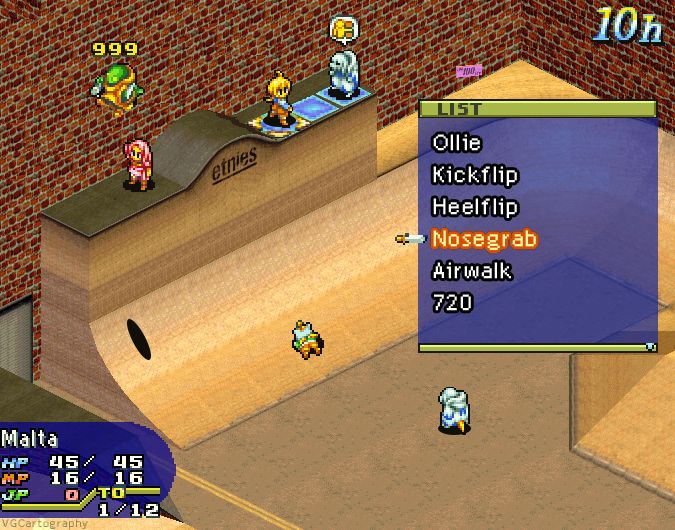 Some Final Fantasy Tactics Advance dudes shredding in a skate park.