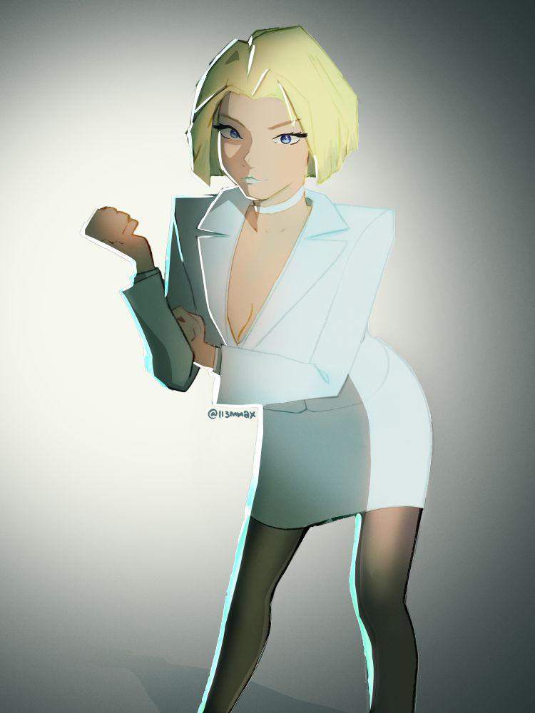 Emma Frost posing with a soft light pointing at her