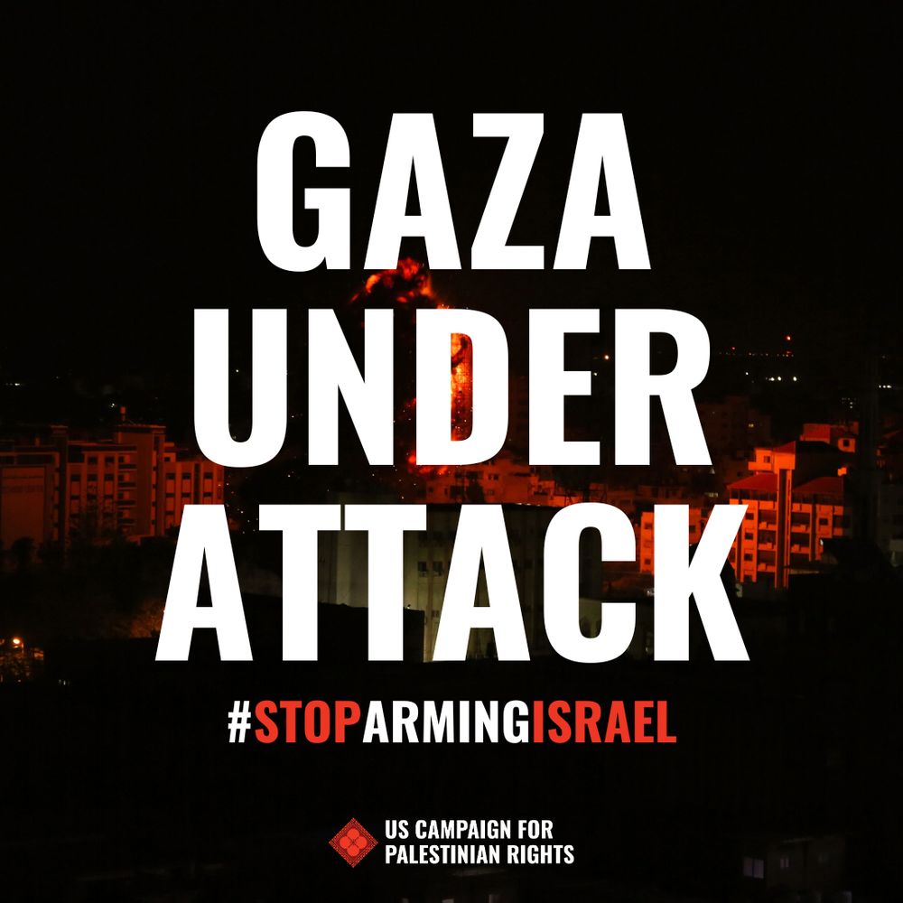Photo shows bomb dropping over buildings in Gaza with text reading: Gaza Under Attack. #StopArmingIsrael
