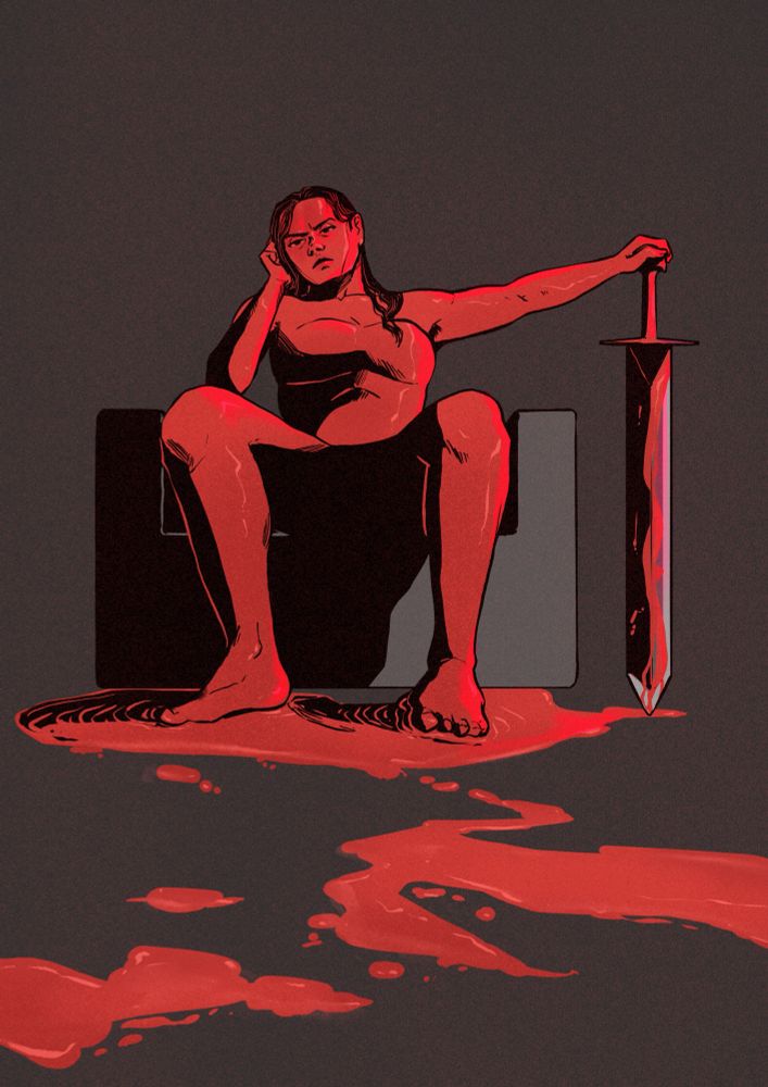 A low angle shot of a woman sitting with her head resting on me hand and her other hand resting on a sword. She looks tired and angry and is covered red. 