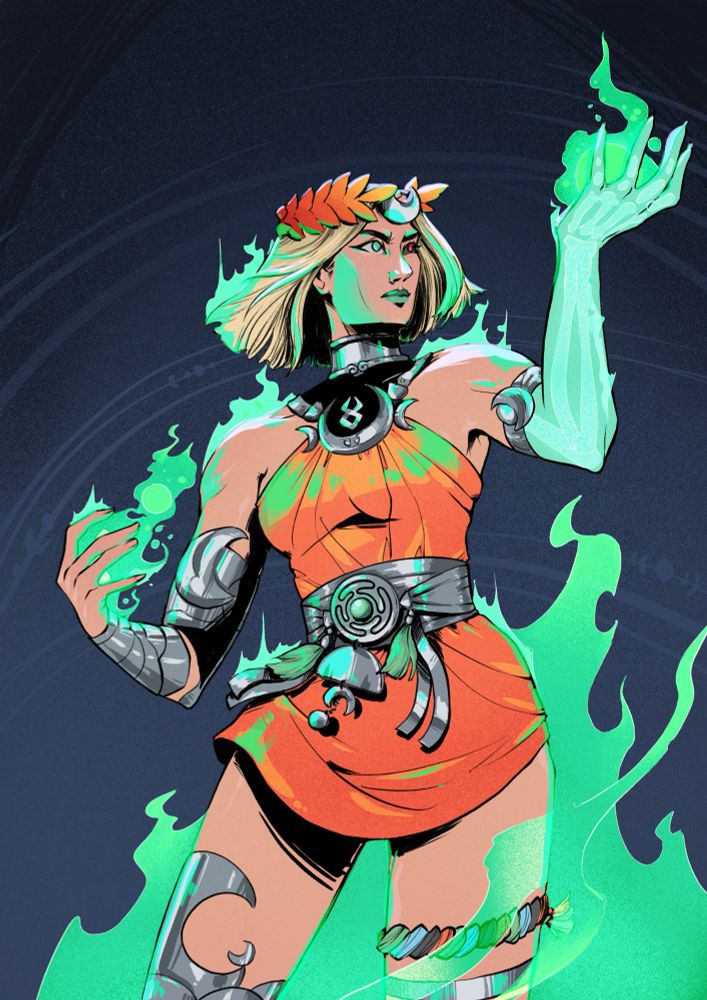 Fanart of Melinoë looking up at her hand. She is surrounded by green flames. 